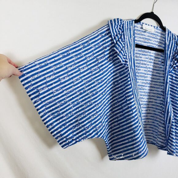 By Anthropologie Nautical Eyelet Shrug Cardigan Womens OS Blue Striped Boxy - Picture 3 of 9